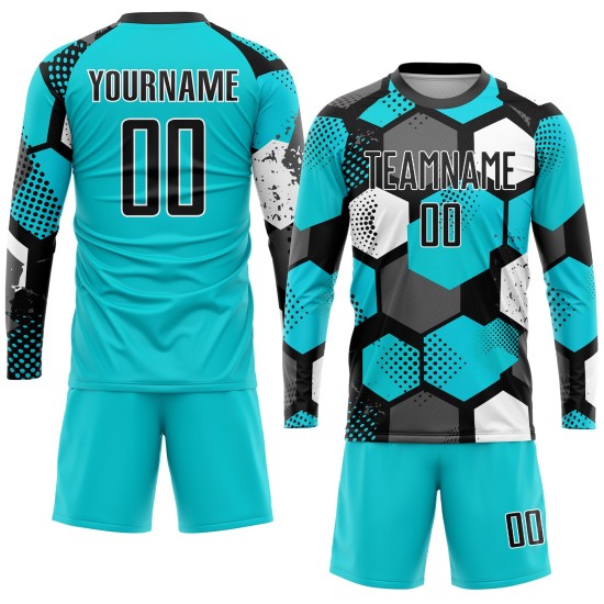 Sublimation Uniform Custom Soccer Aqua Black-White Jersey